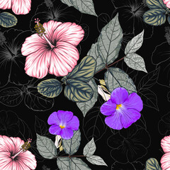 Seamless floral pattern pink Hibiscus flowers abstract background.Vector illustration hand drawning.For fabric print design.