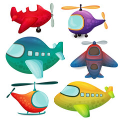 
Airplane set. Cartoon set of different types of aircrafts. Helicopter, airplane, plane. Funny cartoon transportation icons isolated on white background. Kids transport symbols. Colorful helicopters.