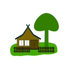 Sundanese traditional houses exterior vector illustration front view with julang ngapak roof.Indonesian traditional house from west java. Home  with doors and windows.