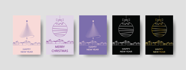 Merry Christmas and Happt New Year greeting cards. Universal Winter Holidays templates. Vector illustration.