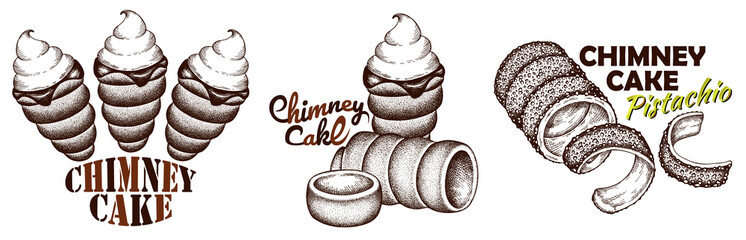 Sketch hand drawn logo of Chimney cake with ice cream, pistachio, chocolate, whipped cream isolated on white background. Line art drawing trdelnik, trdlo, Czech sweet baked food. Vector illustration. - 475415303