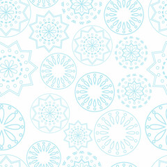 Vector illustration. Merry Christmas and Happy New Year seamless pattern. Line contour lace background with round abstract snowflakes. Perforated bright patterns Papel Picado pattern.