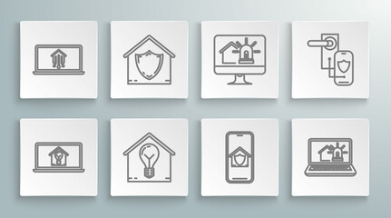 Fototapeta premium Set line Laptop with smart house and light bulb, House under protection, Smart, Mobile phone, alarm, Computer monitor, Digital door lock wireless technology for lock and home icon. Vector