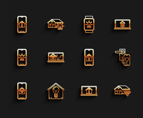 Set line Mobile phone with smart home with wi-fi, Smart house and light bulb, temperature, Laptop, Digital door lock wireless technology for lock and icon. Vector