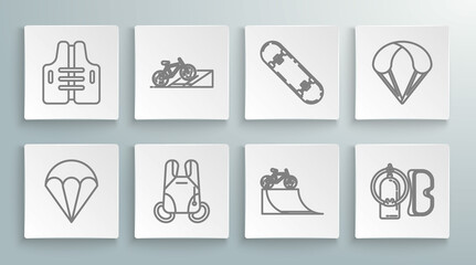 Set line Parachute, Bicycle on street ramp, Diving mask and aqualung, Skateboard trick, and Life jacket icon. Vector