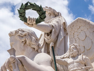 Portugal, Lisbon. Close-up of sculptures at the top of 18th century Arco da Rua Augusta. Statue of...