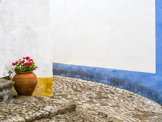 Portugal, Obidos. Red geranium growing in a terra cotta pot next to the entrance of a home in the...