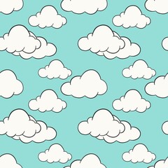 White clouds on a blue background. Vector seamless pattern. Hand drawn trendy vector seamless pattern. Flat design, cartoon, hand-drawn.