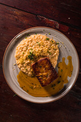 Delicious Pizza Classic Homemade Tomato Sauce Sausage Cheese Onion Chicken Meat Pasta Shrimp Restaurant Menu Gourmet on a wooden table with dark background