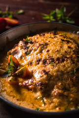 Delicious Pizza Classic Homemade Tomato Sauce Sausage Cheese Onion Chicken Meat Pasta Shrimp Restaurant Menu Gourmet on a wooden table Dark Background