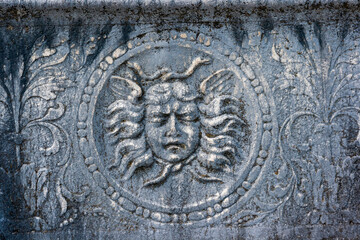 Sinaia, Romania. Peles Castle. Carving of Medusa head.