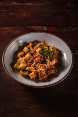 Delicious Pizza Classic Homemade Tomato Sauce Sausage Cheese Onion Chicken Meat Pasta Shrimp Restaurant Menu Gourmet on a wooden table with dark background
