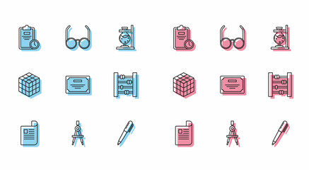 Set line Document, Drawing compass, Exam sheet with clock, Pen, Certificate template, Abacus, Rubik cube and Glasses icon. Vector