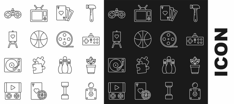 Set line Joystick for arcade machine, Flowers pot, Gamepad, Playing card with heart symbol, Basketball ball, Wood easel painting boards, and Film reel icon. Vector