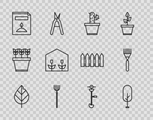 Set line Leaf, Tree, Cactus and succulent in pot, Garden pitchfork, A pack full of seeds of specific plant, Home greenhouse plants, Grass weed electric string trimmer and rake icon. Vector