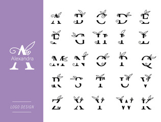 Letters logo design set with leaf grape and flowers