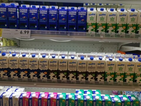 Varieties Of Packaging And Brands Shelf Stable Milk Is Displayed On The Selves For Sale At Supermarket