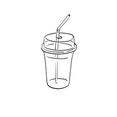 Empty plastic iced cup with straw illustration vector hand drawn isolated on white background line art.