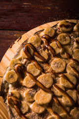 Delicious Pizza Classic Homemade Tomato Sauce Sausage Cheese Onion Chicken Meat Pasta Shrimp Restaurant Menu Gourmet on a wooden table with dark background
