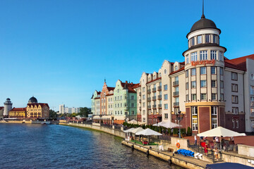 Hotel Kaiserhof and the Fishing Village on the banks of the river Pregel, Kaliningrad, Russia
