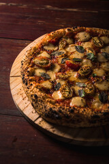Delicious Pizza Classic Homemade Tomato Sauce Sausage Cheese Onion Chicken Meat Pasta Shrimp Restaurant Menu Gourmet on a wooden table with dark background