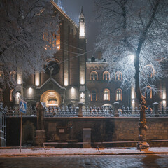 Lviv, Ukraine - december 2021: ST. IOANN ZOLOTOUSTYI CHURCH (FORMER FRANCISCAN ORDER CHURCH). Winter night time. - obrazy, fototapety, plakaty