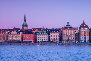 Fototapeta premium Sweden, Stockholm, Gamla Stan, Old Town, old town skyline, dawn