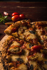 Delicious Pizza Classic Homemade Tomato Sauce Sausage Cheese Onion Chicken Meat Pasta Shrimp Restaurant Menu Gourmet on a wooden table Dark Background