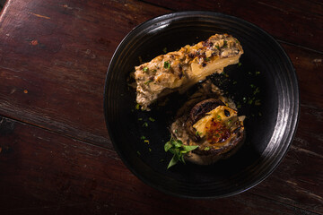 Delicious Pizza Classic Homemade Tomato Sauce Sausage Cheese Onion Chicken Meat Pasta Shrimp Restaurant Menu Gourmet on a wooden table with dark background