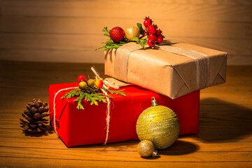 Christmas gift boxes with red ribbon