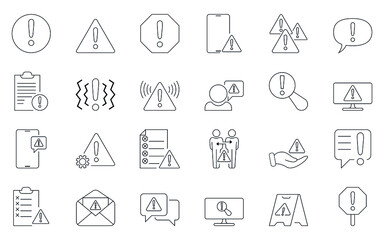 Warning icons line set. Contains such icons as alert, exclamation point, warning sign, danger alert and more. Vector illustration isolated on a white background. Editable Stroke