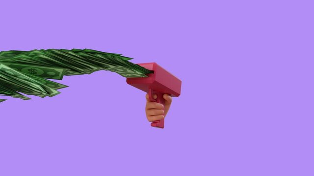 animated 3d icon of cartoon hand holds red money gun throwing dollar banknotes, automatic spender concept, isolated on violet background