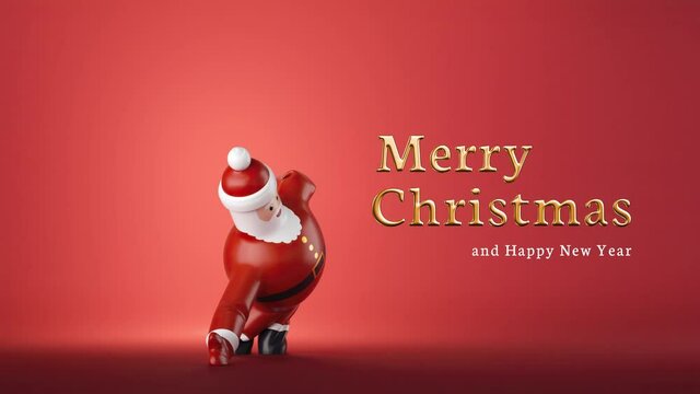 looping animation of Inflatable Santa Clause sky dancer moving with the air. Funny cartoon character is dancing. Christmas animated greeting card with golden greeting text and red background
