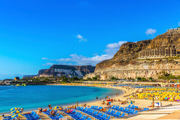 Picturesque view of Amadores beach (Spanish: Playa del Amadores) near famous holiday resort Puerto Rico de Gran Canaria on Gran Canaria island, Spain