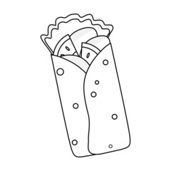 Black and white vector illustration of a warm kebab for coloring book and doodle
