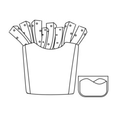Black and white vector illustration of french fries in a box container with tomato sauce for coloring book and doodle