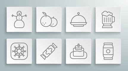Set line Snowflake, Tangerine, Candy, Cake, Beer can, Christmas covered with tray, Wooden beer mug and snowman icon. Vector