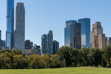Obraz premium Green lawn at Central Park and Manhattan skyline skyscrapers at day time, New York City, USA