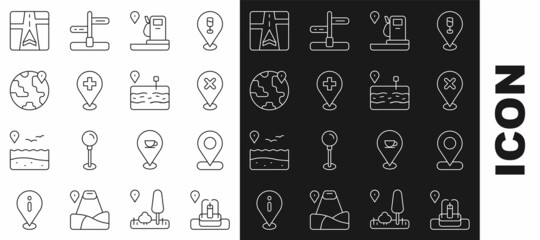 Set line Location with fountain, cross mark, and gas station, Medical location, the globe, Gps device map and Broken road icon. Vector