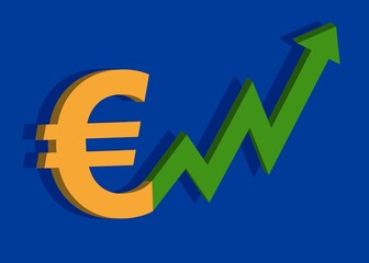 Euro and chart, price increase, bullran icon, background money, blank template raster