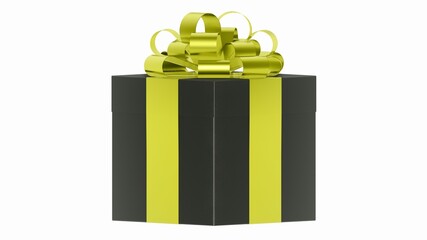Rectangular black gift box with golden yellow ribbon in 3D view image
