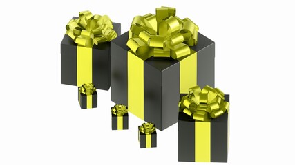 Rectangular black gift box with golden yellow ribbon in 3D view image
