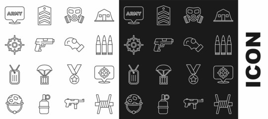 Set line Barbed wire, Target sport, Bullet, Gas mask, Pistol gun, Military army and icon. Vector