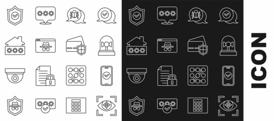 Set line Eye scan, Smartphone, Flasher siren, System bug, Browser incognito window, House with password, Shield check mark and Credit card shield icon. Vector
