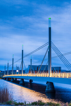 Sweden, Lake Vattern Area, Jonkoping, Munksjon Bay Bridge, dusk