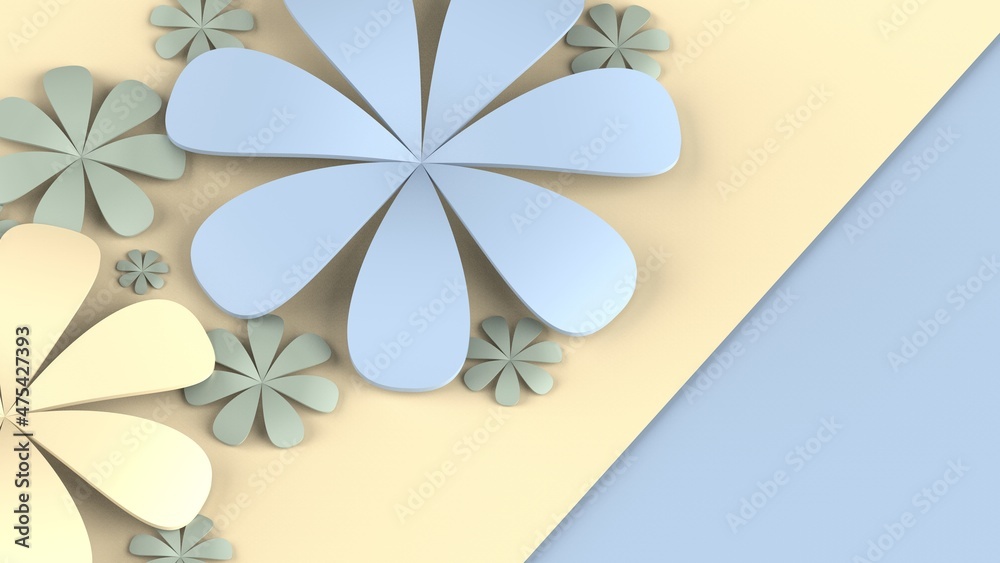 Fototapete light blue-yellow background with blue-yellow paper flowers. concept image of happy invitation and r