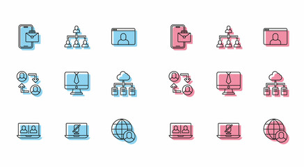 Set line Video chat conference, Mute microphone laptop, Freelancer, Online working, Project team base and Hierarchy organogram chart icon. Vector
