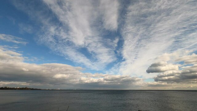 Time lapse of clouds over lake on windy day.