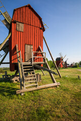 Sweden, Oland Island, Storlinge, antique wooden windmills