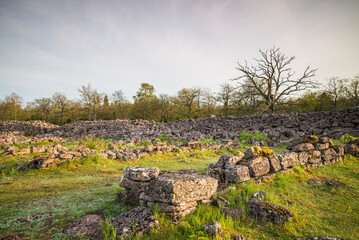 Sweden, Oland Island, Ismantorp, ruins of Ismantorp fortress, Bronze Age fortified town, sunset